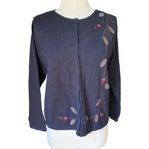Vintage Charter Club Petite Size P/M Black Floral Button  Knit Sweater Cardigan
